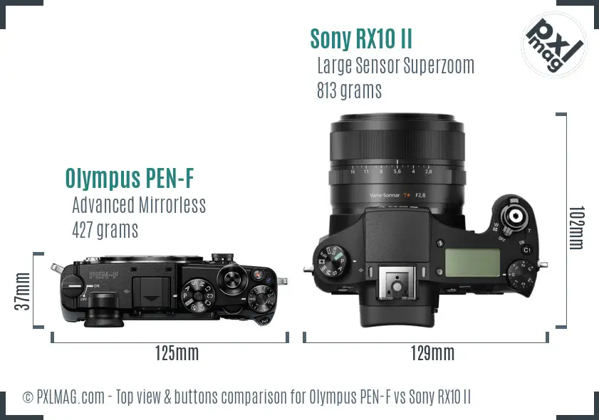 Olympus PEN-F vs Sony RX10 II top view buttons comparison