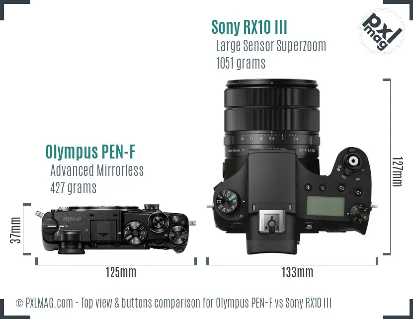 Olympus PEN-F vs Sony RX10 III top view buttons comparison Olympus PEN-F vs Sony RX10 III top view buttons comparison