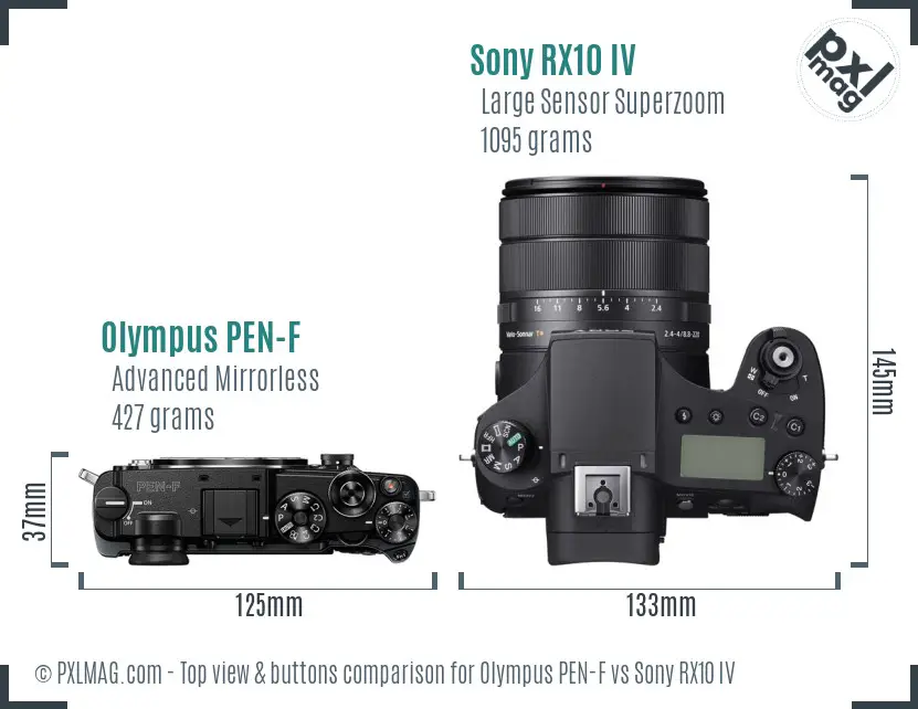 Olympus PEN-F vs Sony RX10 IV top view buttons comparison