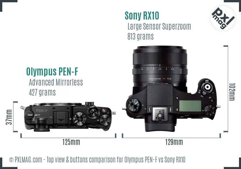 Olympus PEN-F vs Sony RX10 top view buttons comparison