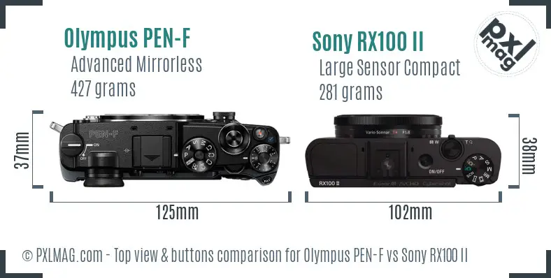 Olympus PEN-F vs Sony RX100 II top view buttons comparison