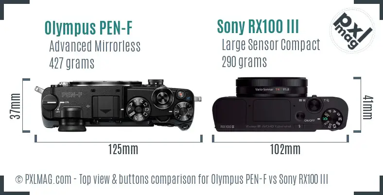 Olympus PEN-F vs Sony RX100 III top view buttons comparison