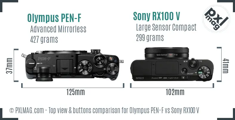 Olympus PEN-F vs Sony RX100 V top view buttons comparison