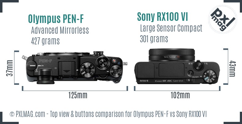 Olympus PEN-F vs Sony RX100 VI top view buttons comparison