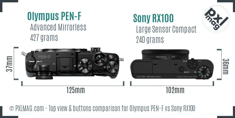 Olympus PEN-F vs Sony RX100 top view buttons comparison
