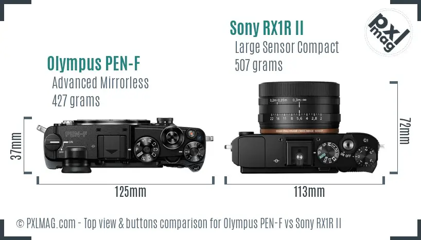 Olympus PEN-F vs Sony RX1R II top view buttons comparison Olympus PEN-F vs Sony RX1R II top view buttons comparison