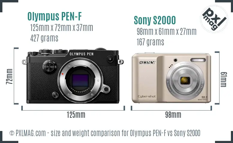 Olympus PEN-F vs Sony S2000 size comparison