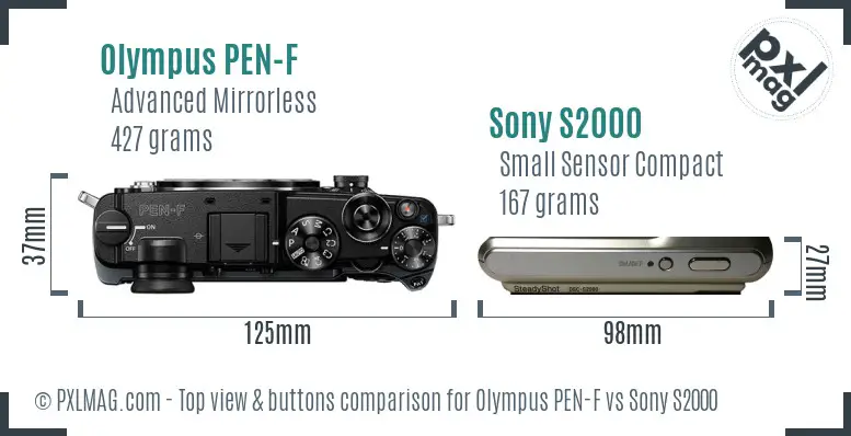 Olympus PEN-F vs Sony S2000 top view buttons comparison