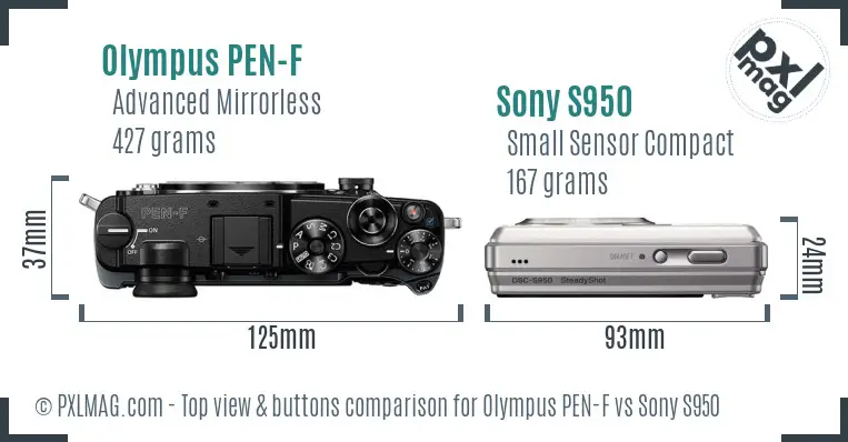 Olympus PEN-F vs Sony S950 top view buttons comparison