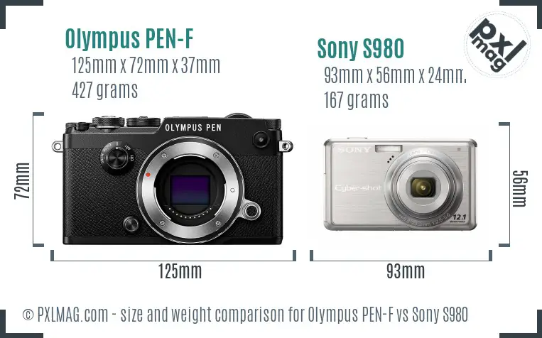 Olympus PEN-F vs Sony S980 size comparison