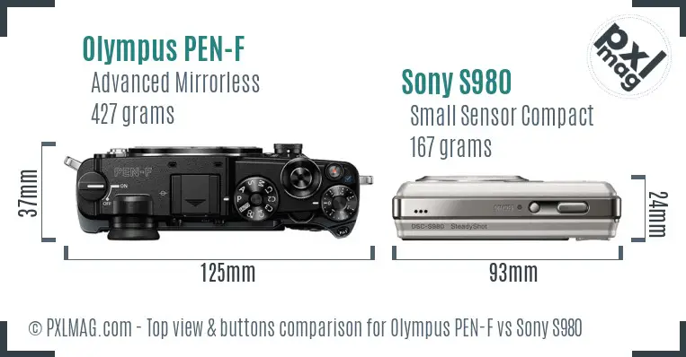 Olympus PEN-F vs Sony S980 top view buttons comparison