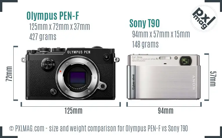 Olympus PEN-F vs Sony T90 size comparison