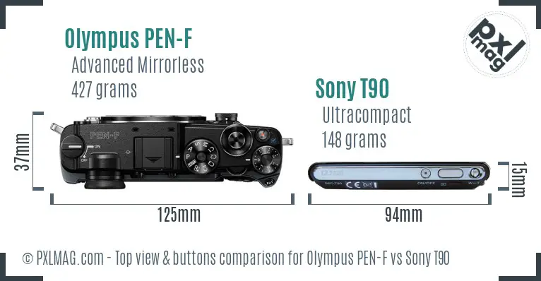 Olympus PEN-F vs Sony T90 top view buttons comparison