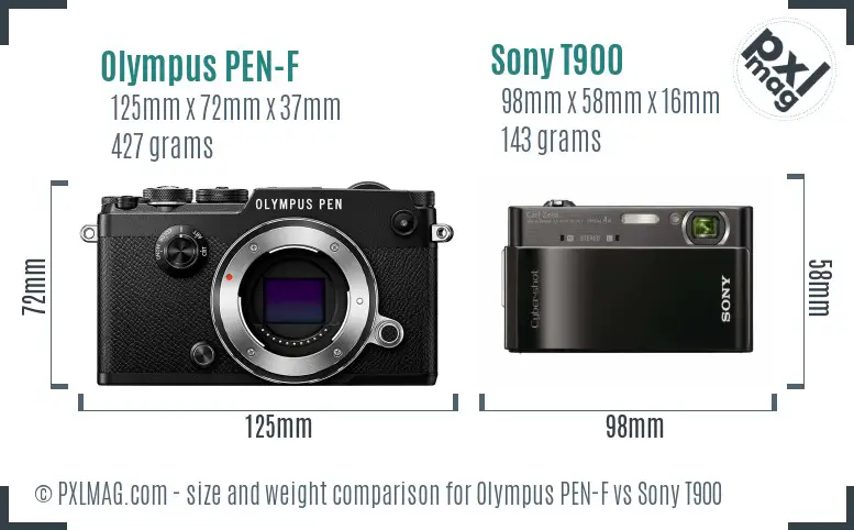 Olympus PEN-F vs Sony T900 size comparison
