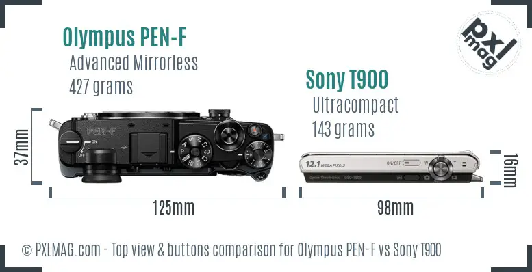 Olympus PEN-F vs Sony T900 top view buttons comparison