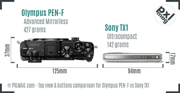 Olympus PEN-F vs Sony TX1 top view buttons comparison