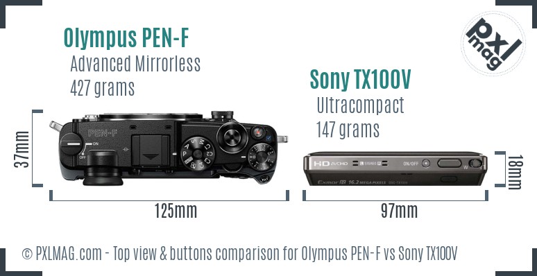 Olympus PEN-F vs Sony TX100V top view buttons comparison