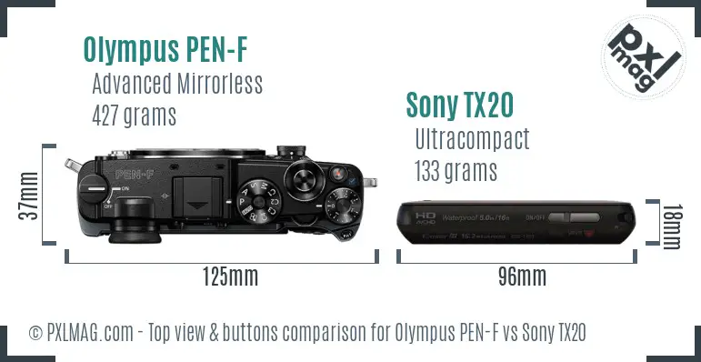 Olympus PEN-F vs Sony TX20 top view buttons comparison Olympus PEN-F vs Sony TX20 top view buttons comparison