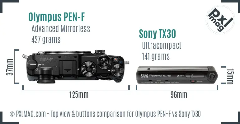 Olympus PEN-F vs Sony TX30 top view buttons comparison Olympus PEN-F vs Sony TX30 top view buttons comparison