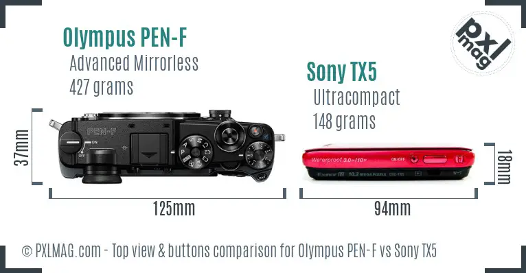 Olympus PEN-F vs Sony TX5 top view buttons comparison