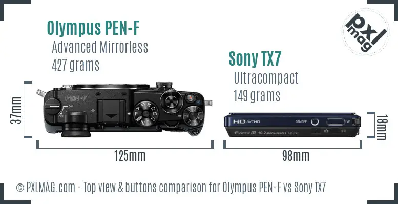 Olympus PEN-F vs Sony TX7 top view buttons comparison Olympus PEN-F vs Sony TX7 top view buttons comparison
