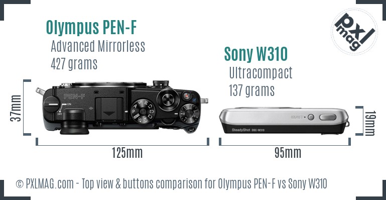 Olympus PEN-F vs Sony W310 top view buttons comparison