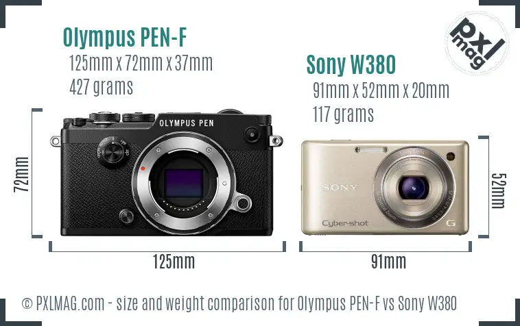 Olympus PEN-F vs Sony W380 size comparison