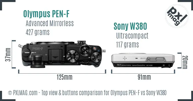 Olympus PEN-F vs Sony W380 top view buttons comparison
