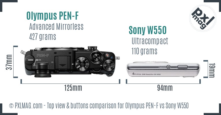 Olympus PEN-F vs Sony W550 top view buttons comparison