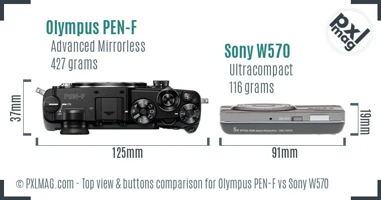Olympus PEN-F vs Sony W570 top view buttons comparison