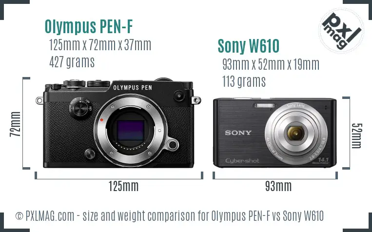 Olympus PEN-F vs Sony W610 size comparison