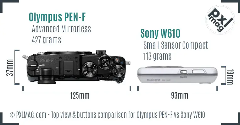 Olympus PEN-F vs Sony W610 top view buttons comparison