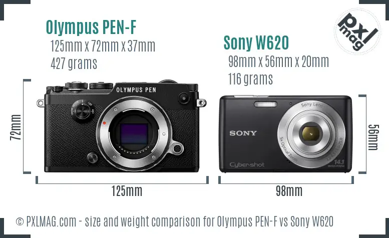 Olympus PEN-F vs Sony W620 size comparison
