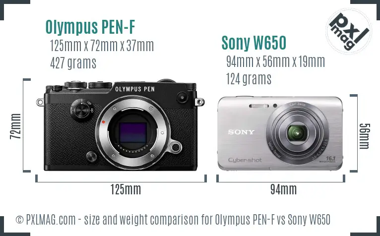 Olympus PEN-F vs Sony W650 size comparison