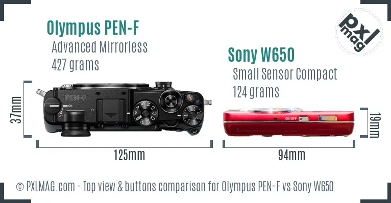 Olympus PEN-F vs Sony W650 top view buttons comparison
