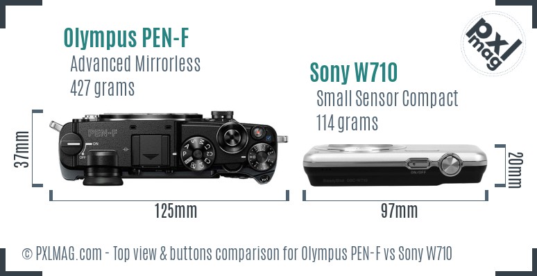 Olympus PEN-F vs Sony W710 top view buttons comparison