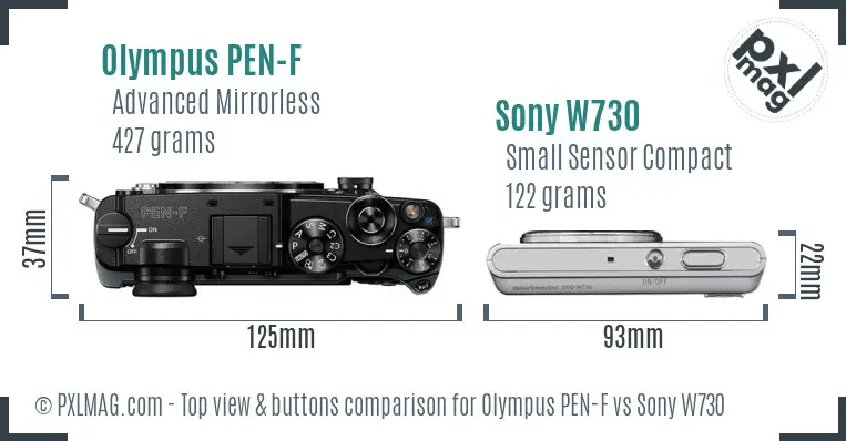 Olympus PEN-F vs Sony W730 top view buttons comparison Olympus PEN-F vs Sony W730 top view buttons comparison
