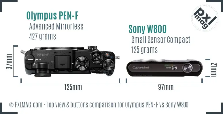 Olympus PEN-F vs Sony W800 top view buttons comparison Olympus PEN-F vs Sony W800 top view buttons comparison