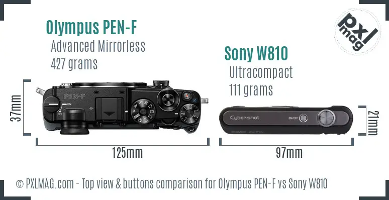 Olympus PEN-F vs Sony W810 top view buttons comparison Olympus PEN-F vs Sony W810 top view buttons comparison