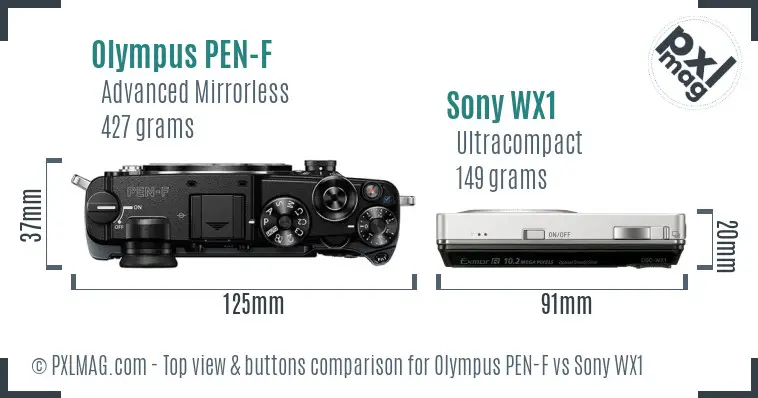 Olympus PEN-F vs Sony WX1 top view buttons comparison