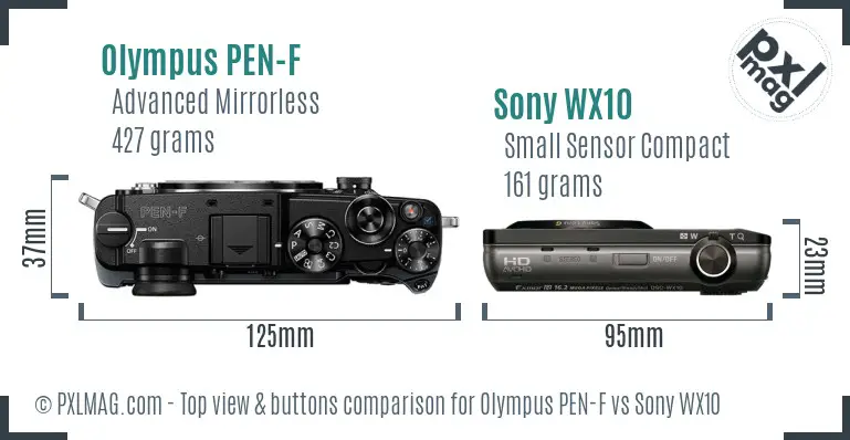 Olympus PEN-F vs Sony WX10 top view buttons comparison