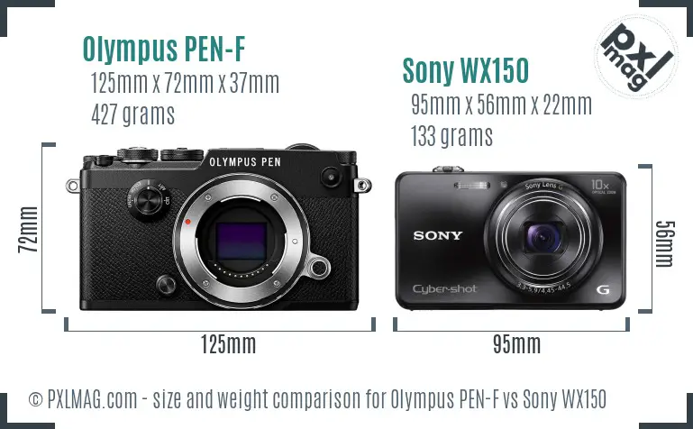 Olympus PEN-F vs Sony WX150 size comparison