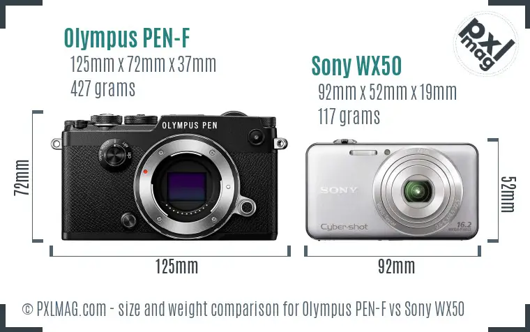 Olympus PEN-F vs Sony WX50 size comparison