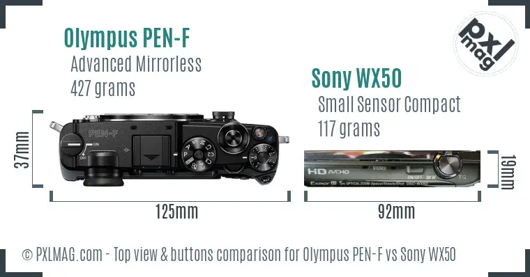 Olympus PEN-F vs Sony WX50 top view buttons comparison