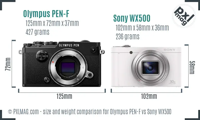 Olympus PEN-F vs Sony WX500 size comparison