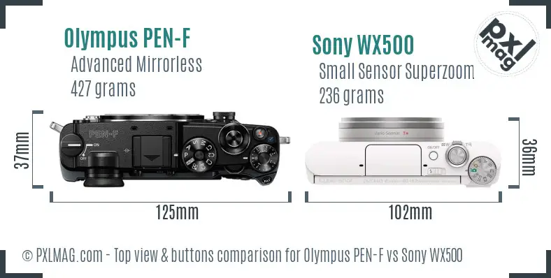 Olympus PEN-F vs Sony WX500 top view buttons comparison