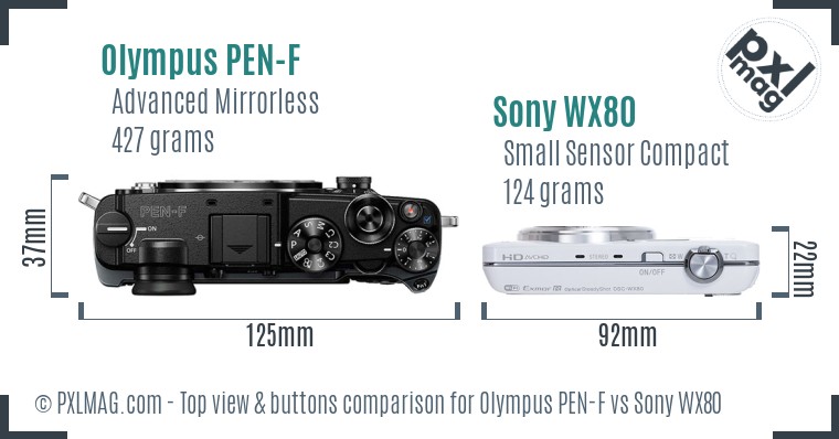 Olympus PEN-F vs Sony WX80 top view buttons comparison