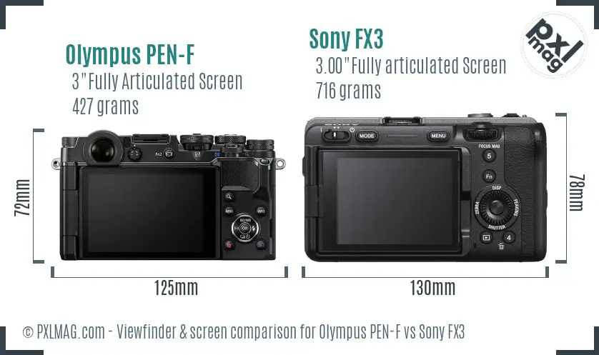 Olympus PEN-F vs Sony FX3 Screen and Viewfinder comparison