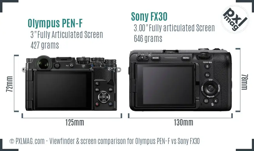 Olympus PEN-F vs Sony FX30 Screen and Viewfinder comparison