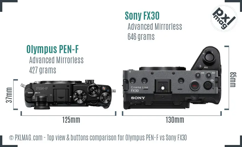 Olympus PEN-F vs Sony FX30 top view buttons comparison